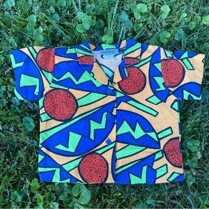 Vintage Donmoor kids unisex boys bright geometric 80s graphic button down shirt
